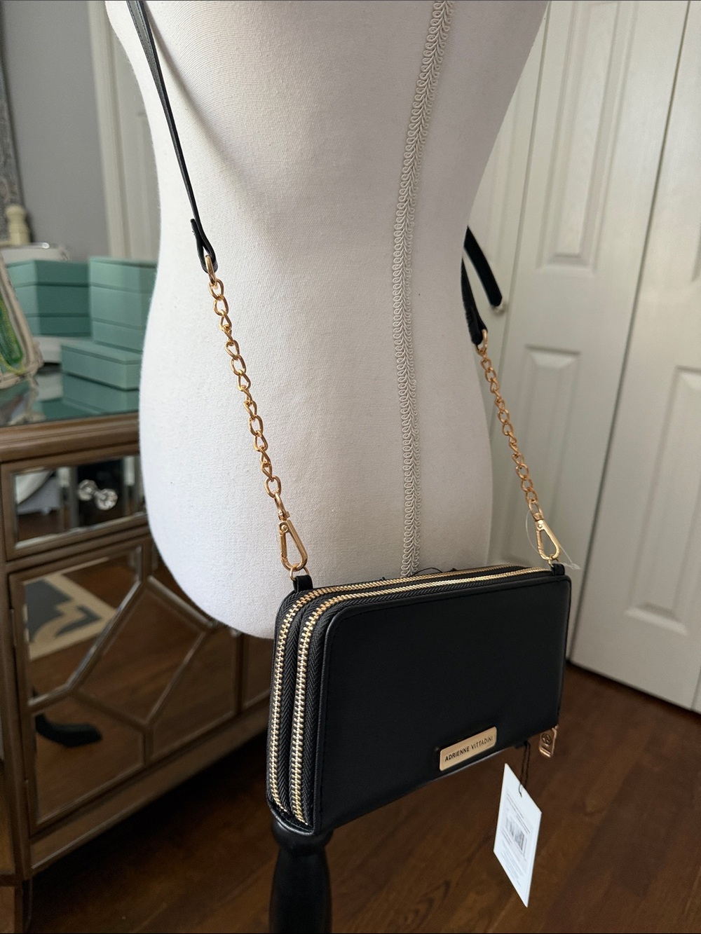 Adrienne Vittadini Black Double-Zip Crossbody w/ Gold Chain Accents ❤️ NWT